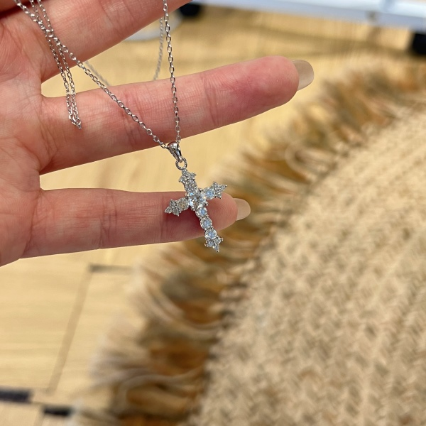 Moissanite Cross Pendant Necklace – Sterling Silver