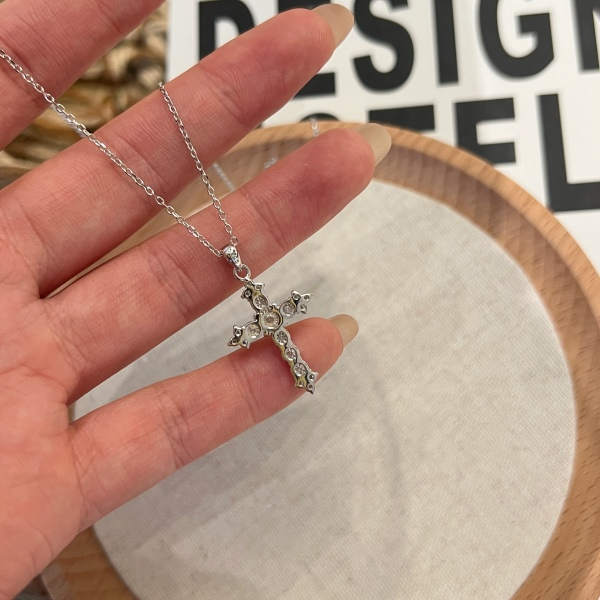 Moissanite Cross Pendant Necklace – Sterling Silver