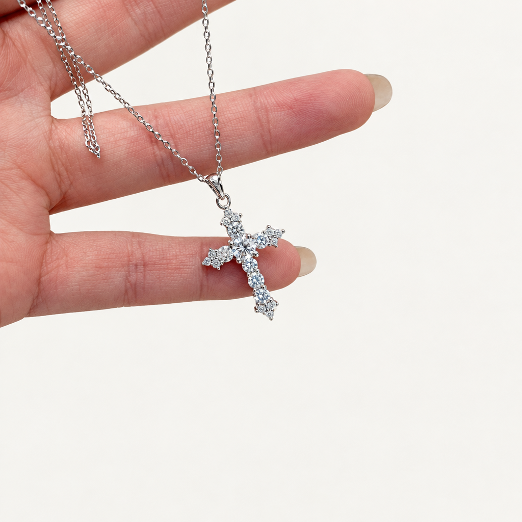 Moissanite Cross Pendant – Sterling Silver